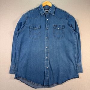 Wrangler Denim Pearl Snap Shirt‎ Mens 17.5x37 Blue Medium Wash Western Cowboy